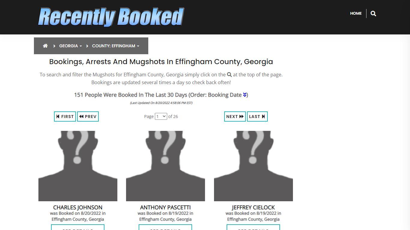 Bookings, Arrests and Mugshots in Effingham County, Georgia